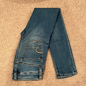 Hi-rise jeggings. Lighter wash. Super skinny leg